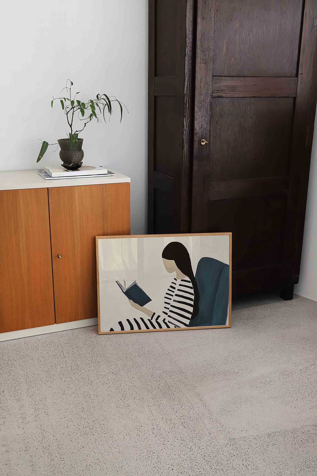 Lezende vrouw – hedendaagse illustratie als liggende poster