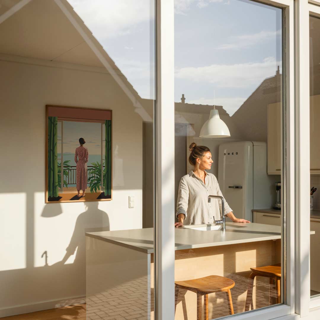 Vrouw bij balkon met zeezicht – vrouwelijke portretposter in staand formaat