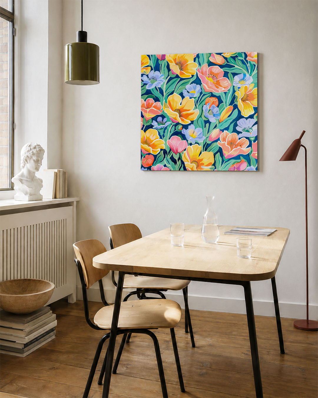 Bloemenexplosie kunstwerk – vierkante wanddecoratie – dit werk toont een levendige compositie van kleurrijke bloemen tegen
