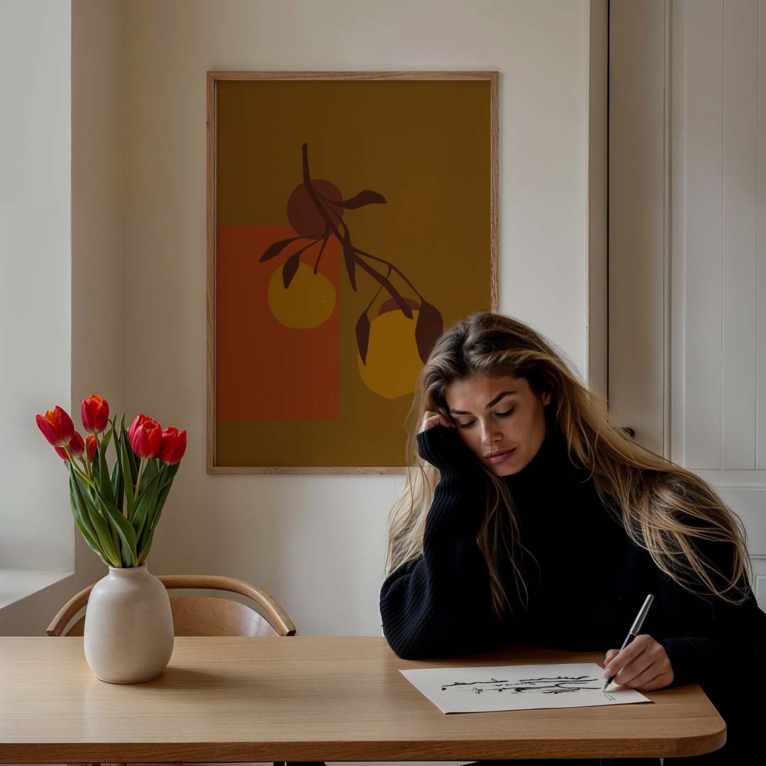 Warme Citruskunst – bloemen poster in staand formaat