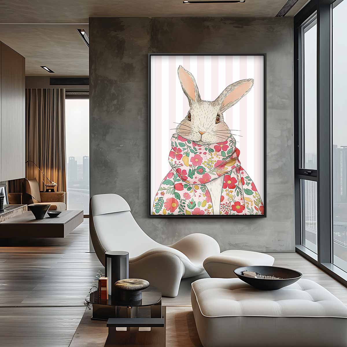 Stijlvolle Konijnenprint met Bloemendetail – canvas wanddecoratie in portret formaat