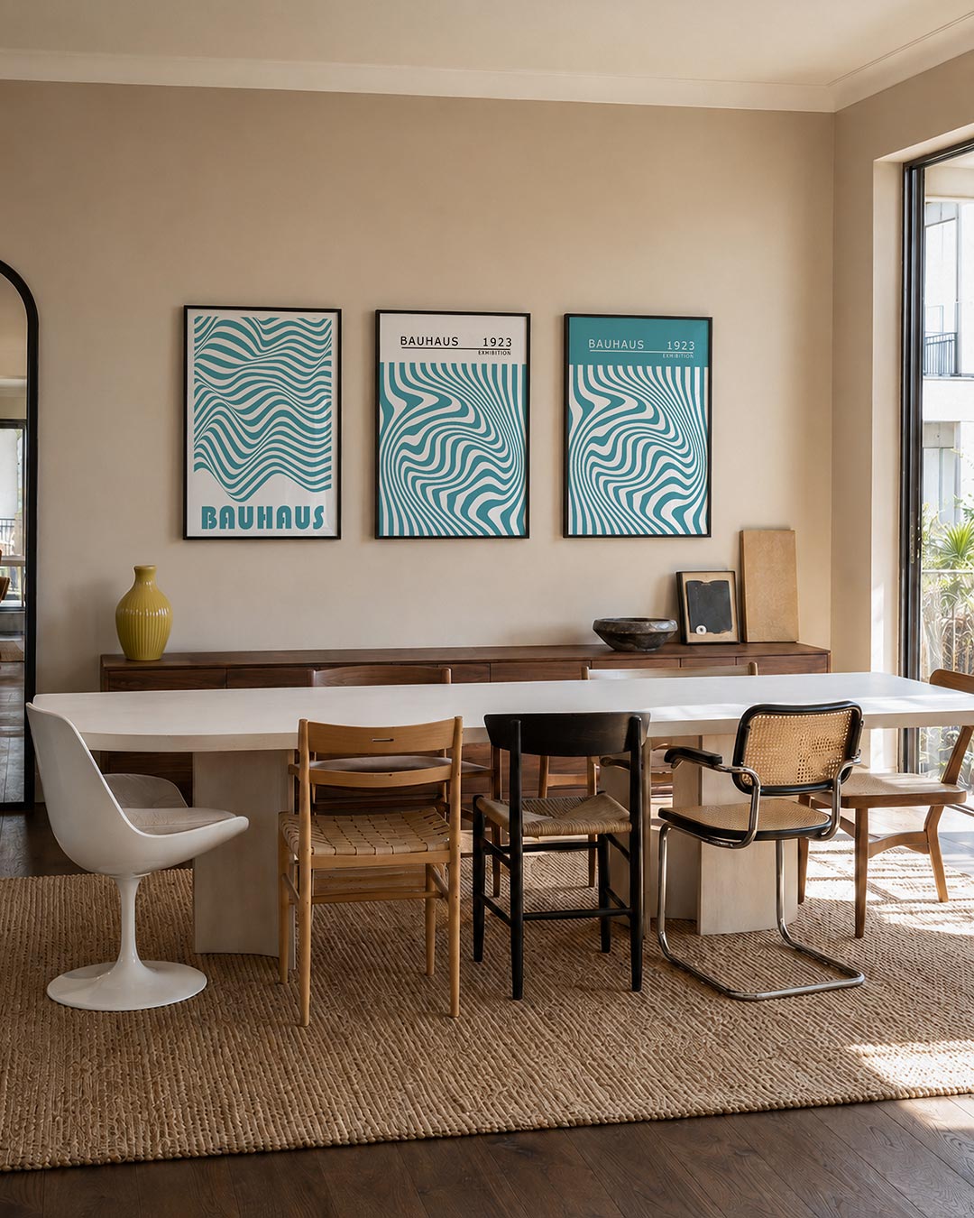 Golvend lijnenspel driedelige posterset – deze posterset in drie delen toont vloeiende, golvende lijnen in blauw en wit. De