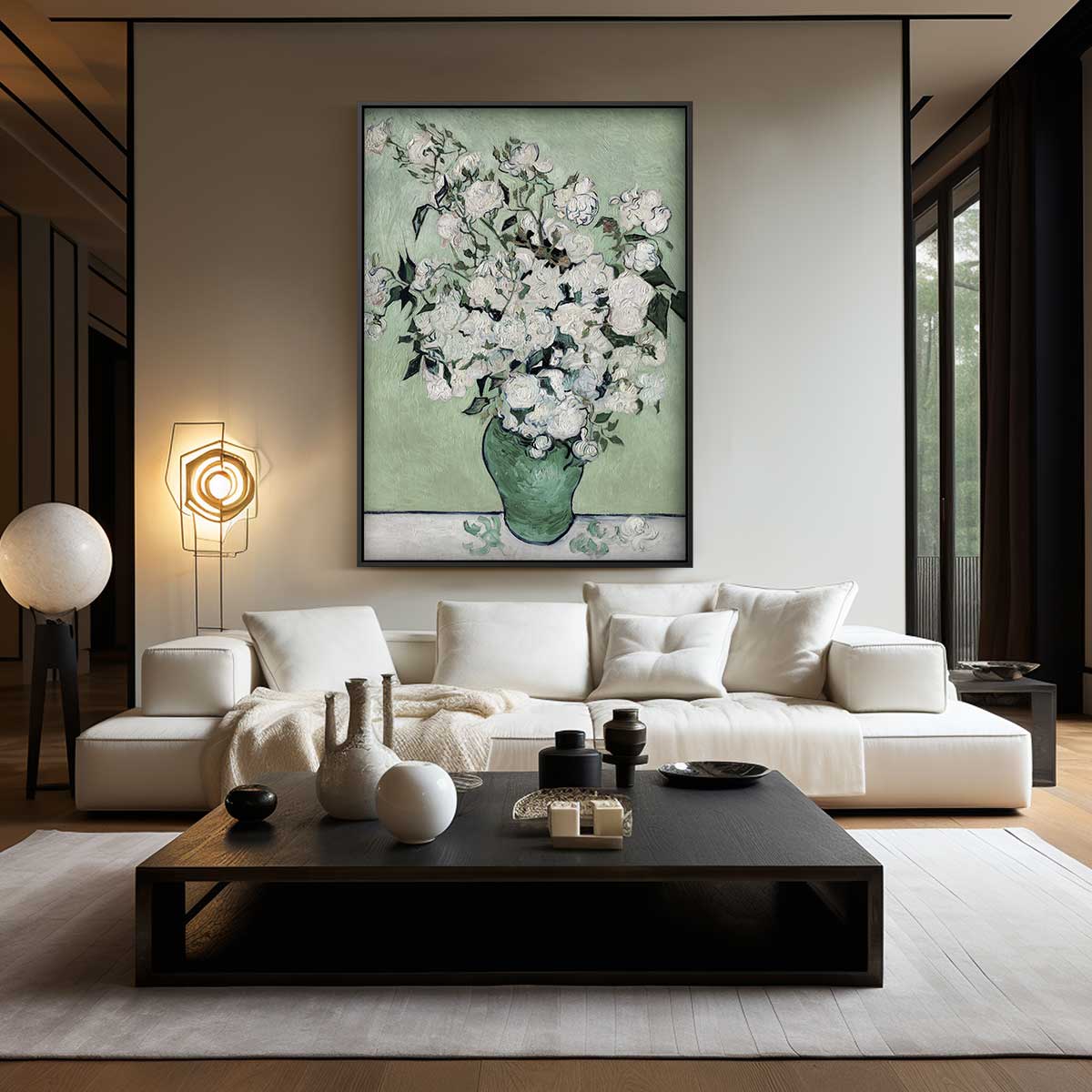 Witte Rozen in Groene Vaas – staand kunstwerk voor modern interieur