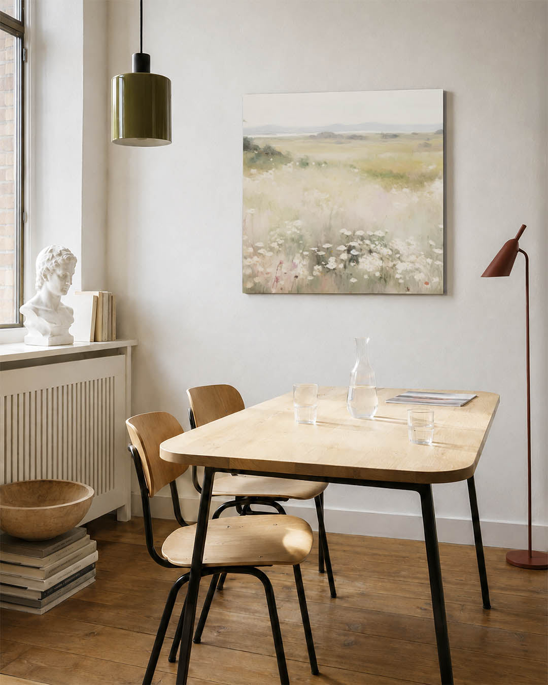 Landschap met bloemen kunstwerk – detailweergave – dit werk toont een zacht glooiend landschap met delicate bloemen in het
