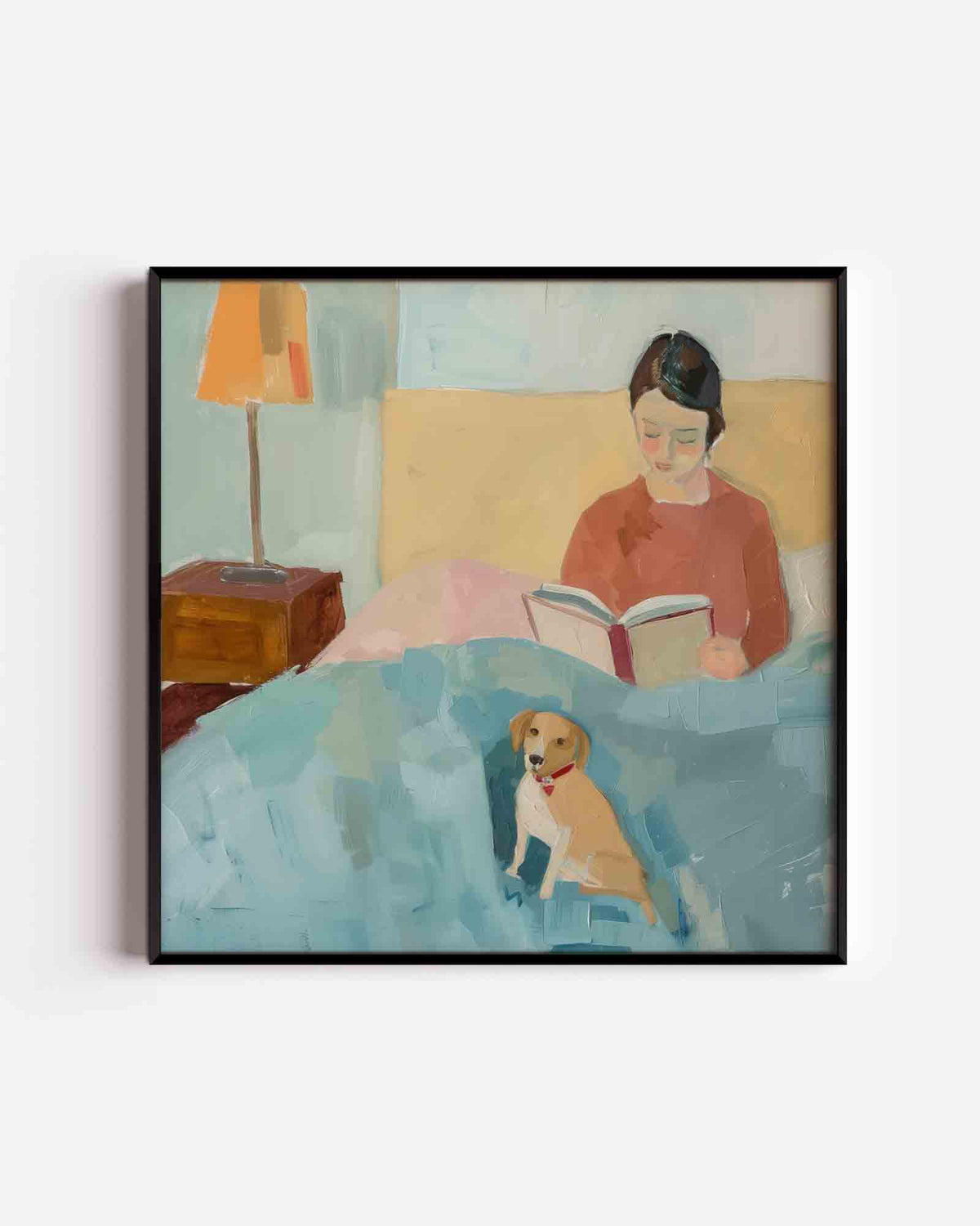 Lezende vrouw met hond – design vierkante poster als wanddecoratie