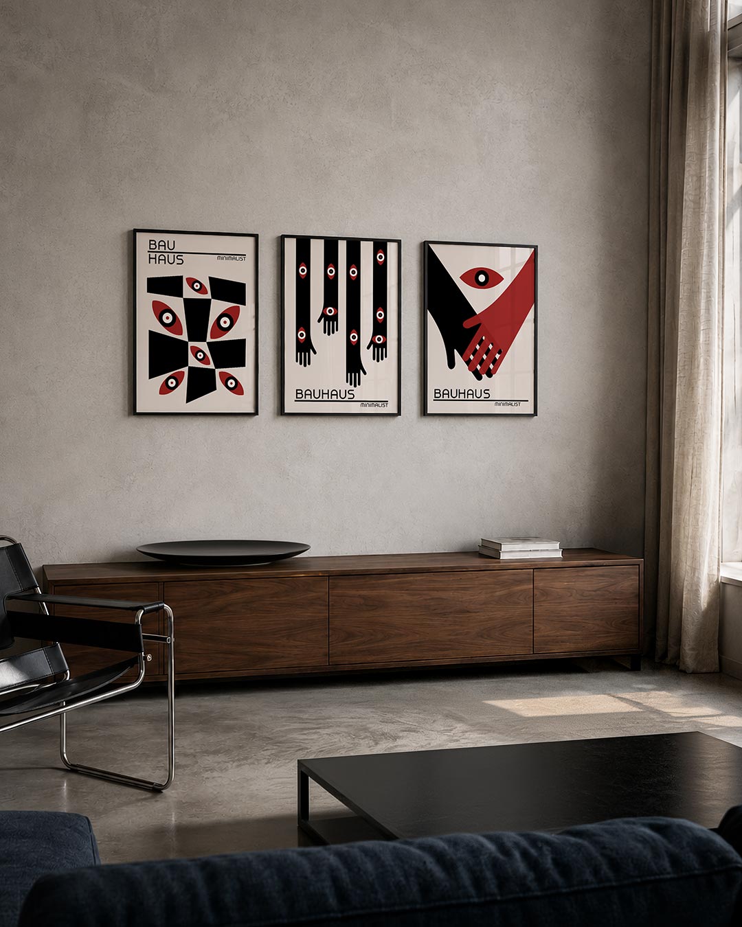 Vormen en vlakken posterset – tweede productweergave – deze posterset in drie delen toont een spel van zwarte en rode vormen