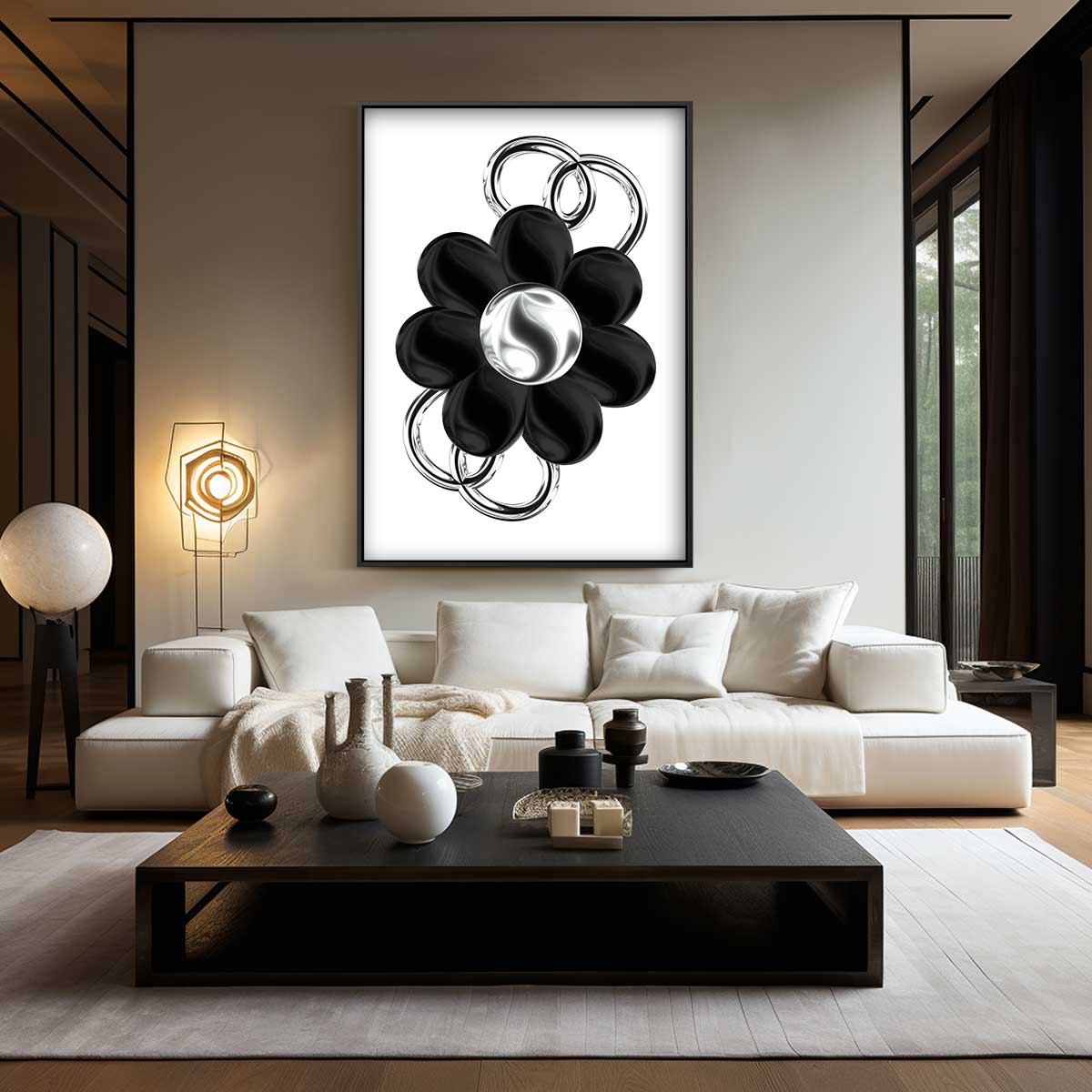 Bloem in Zilver en Zwart – plexiglas wanddecoratie in portret formaat