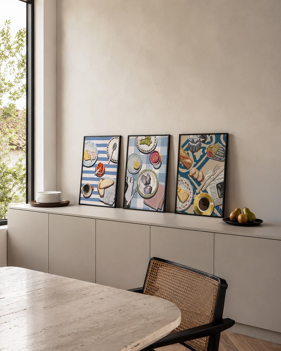 Ontbijt op strepen posterset – detailweergave – deze driedelige postercombinatie toont een speels