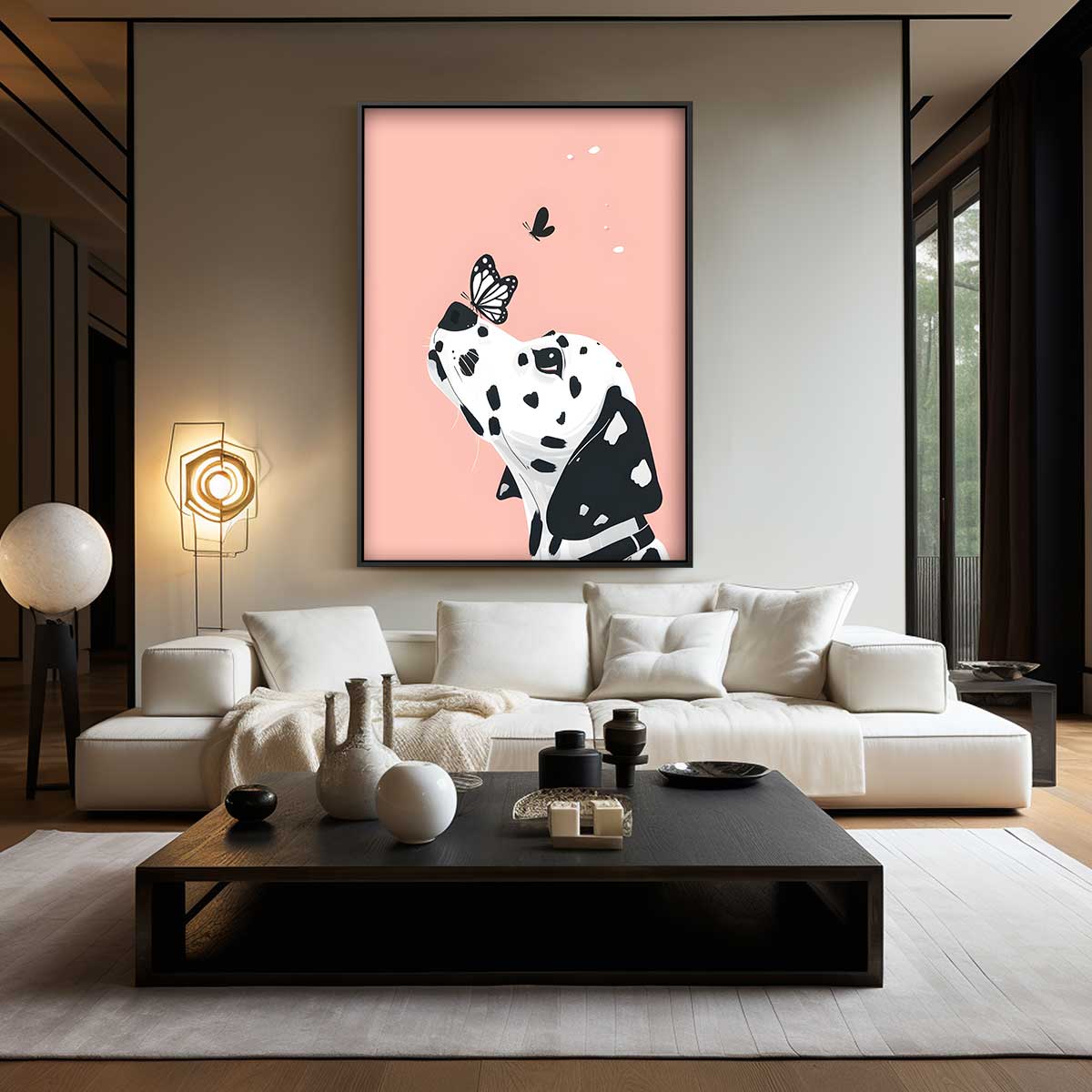 Dalmatier en Vlinder op Zachtroze – canvas wanddecoratie in portret formaat