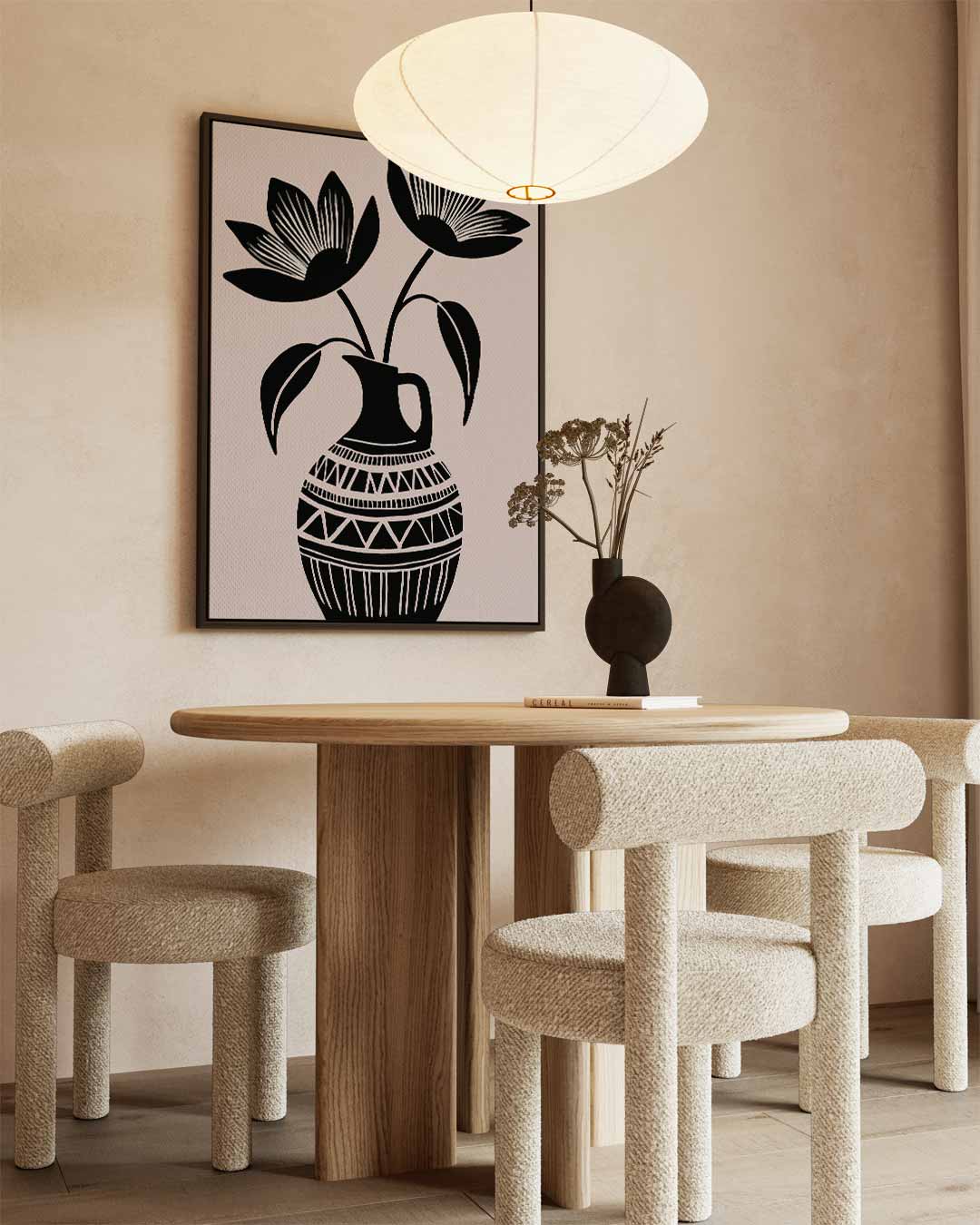 Zwart-Wit Bloemenvazen Kunst – staande wandkunst voor woonkamer of interieur