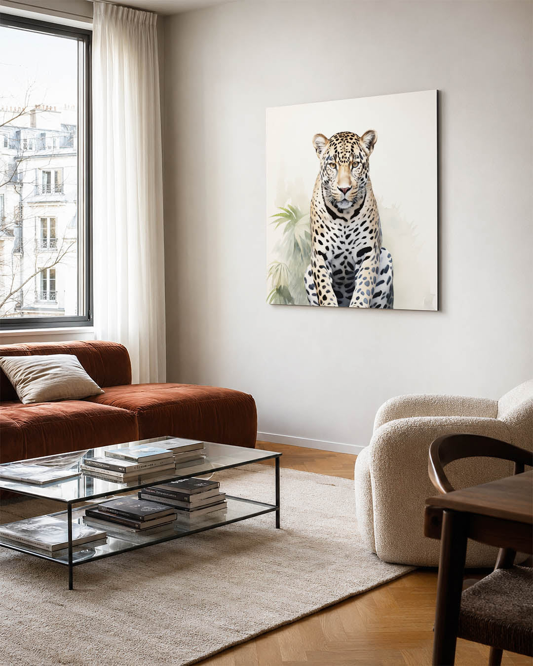 Gestileerde luipaard kunstwerk – vierkante wanddecoratie – dit kunstwerk toont een gedetailleerde luipaard met een lichte