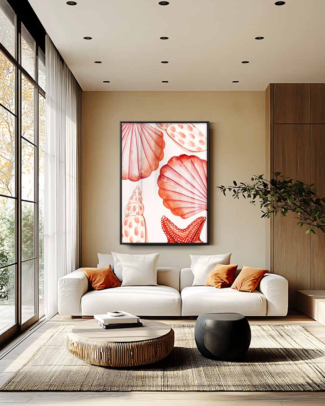 Rode schelpen en zeester – staand kunstwerk voor modern interieur