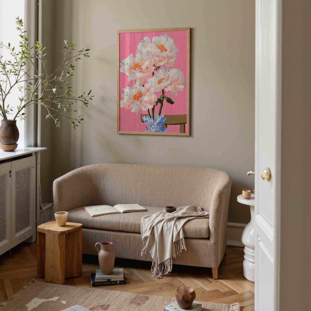 Bloemen op roze achtergrond – illustratie poster in staand formaat