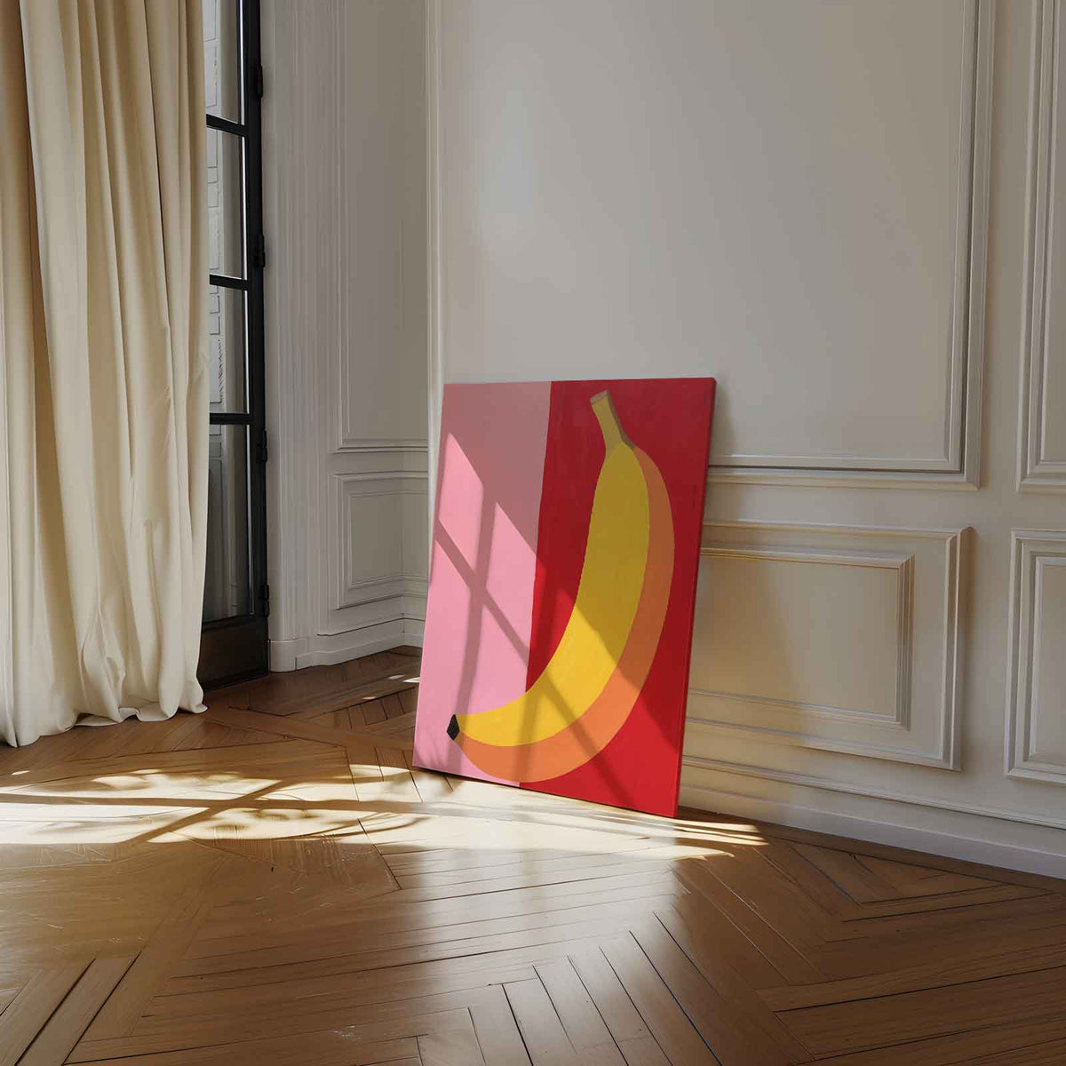 Kleurrijke Banaan op Roze en Rood – dibond wanddecoratie in staand formaat
