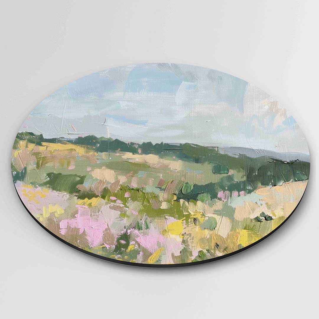 Landschap met bloemen – ronde textuur wanddecoratie van WallArtistic