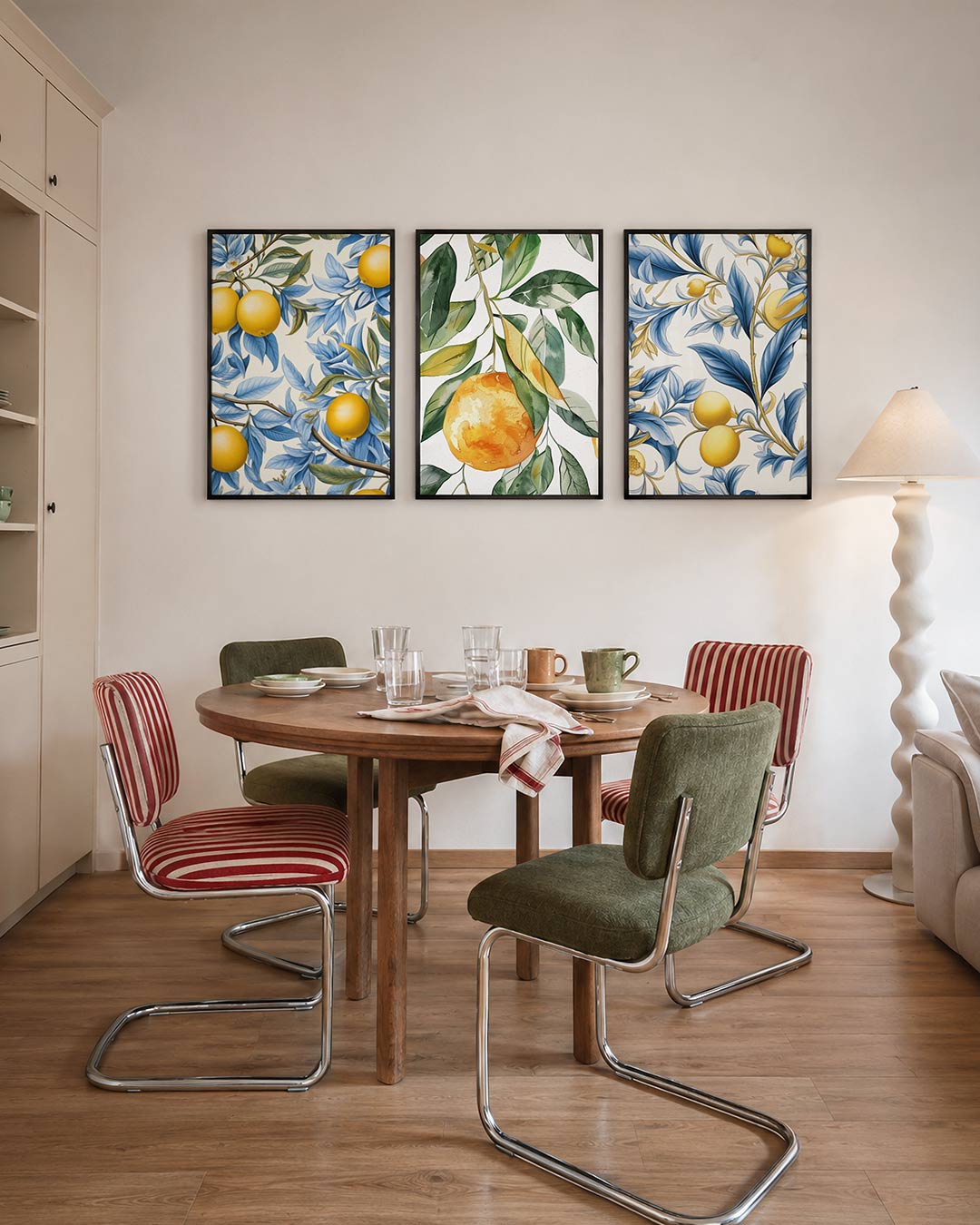 Citroen en bladeren driedelige posterset – heldere gele citroenen hangen tussen weelderige blauwe