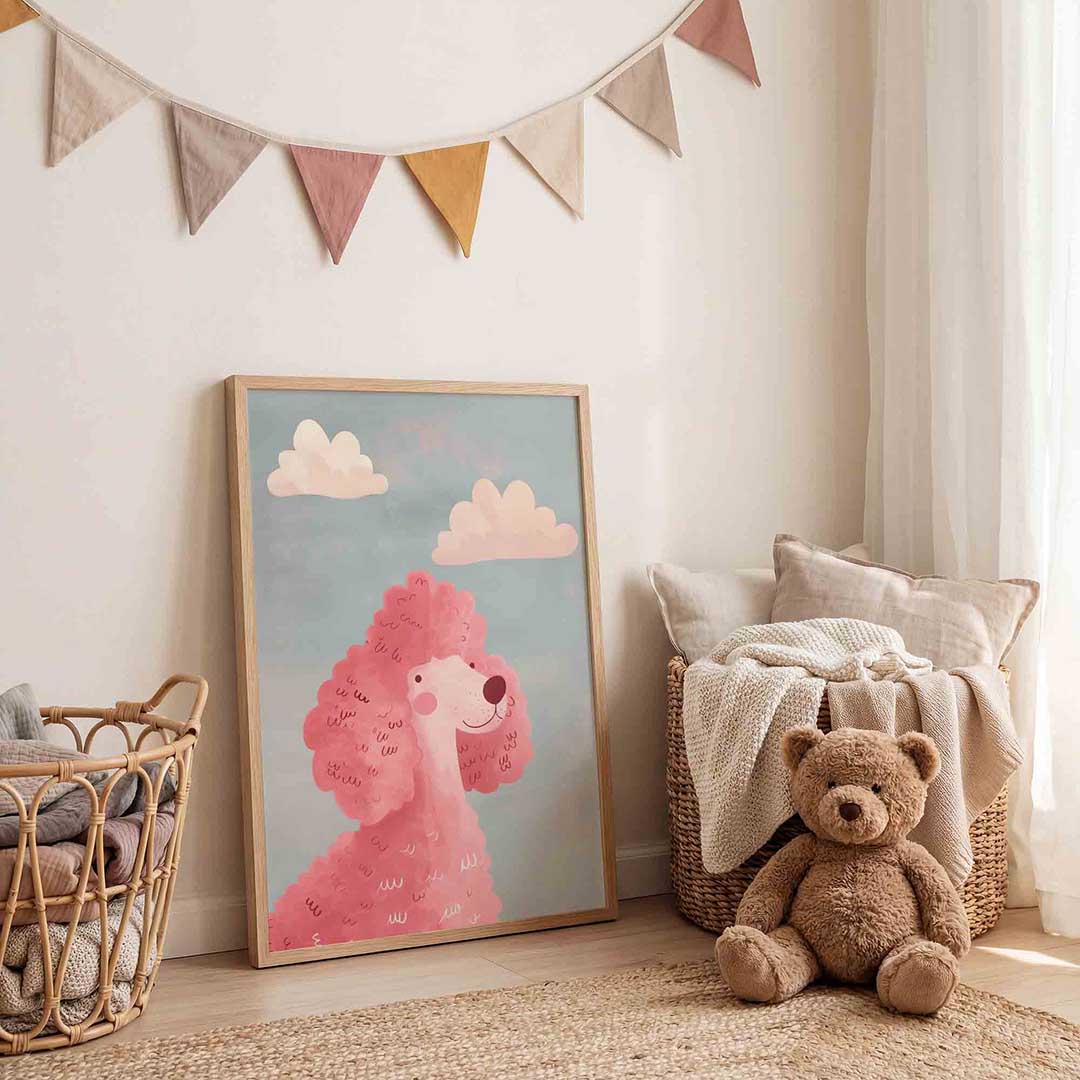 Roze poedel – speelse wandkunst als portret kinderposter