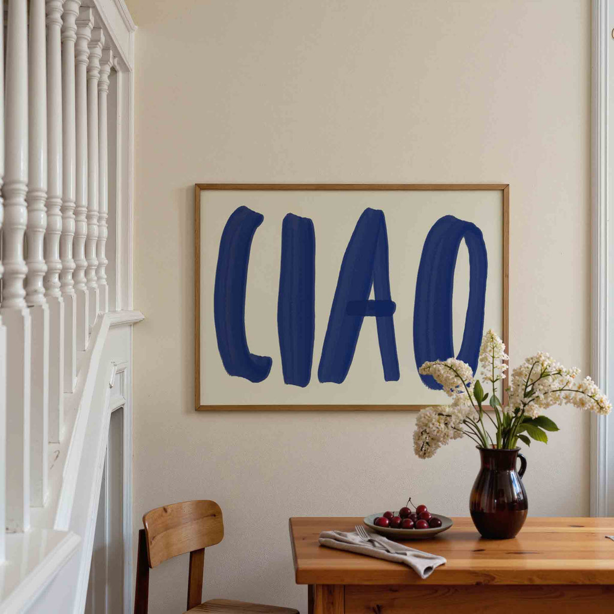 Ciao blauwe letters – liggende illustratie poster als wanddecoratie