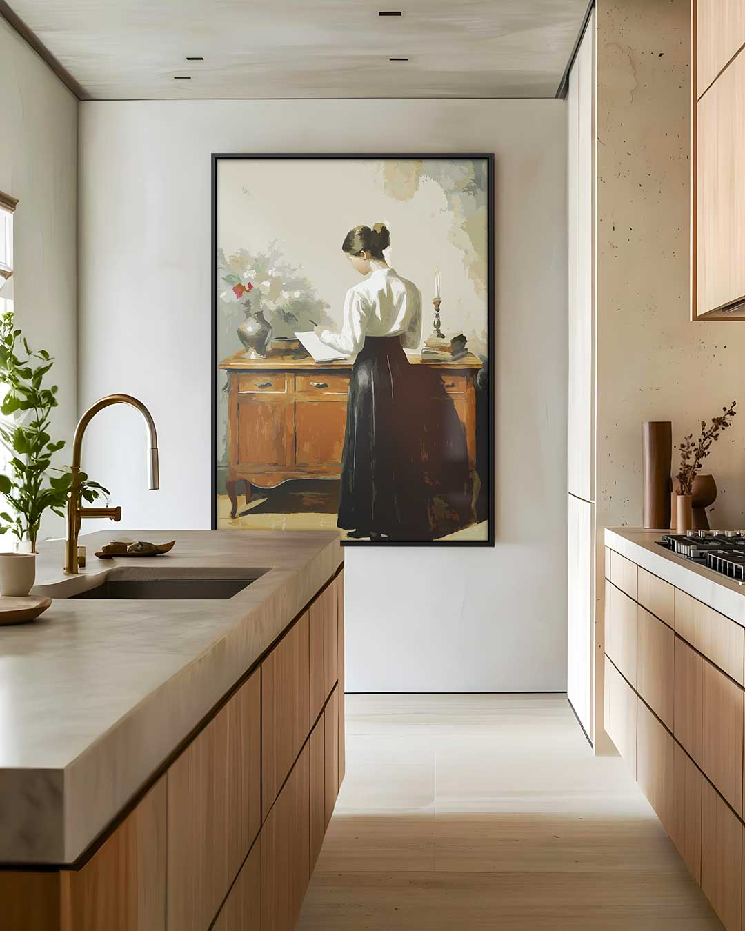 Vrouw Schrijvend aan Het Bureau – kunstwerk met zwarte baklijst