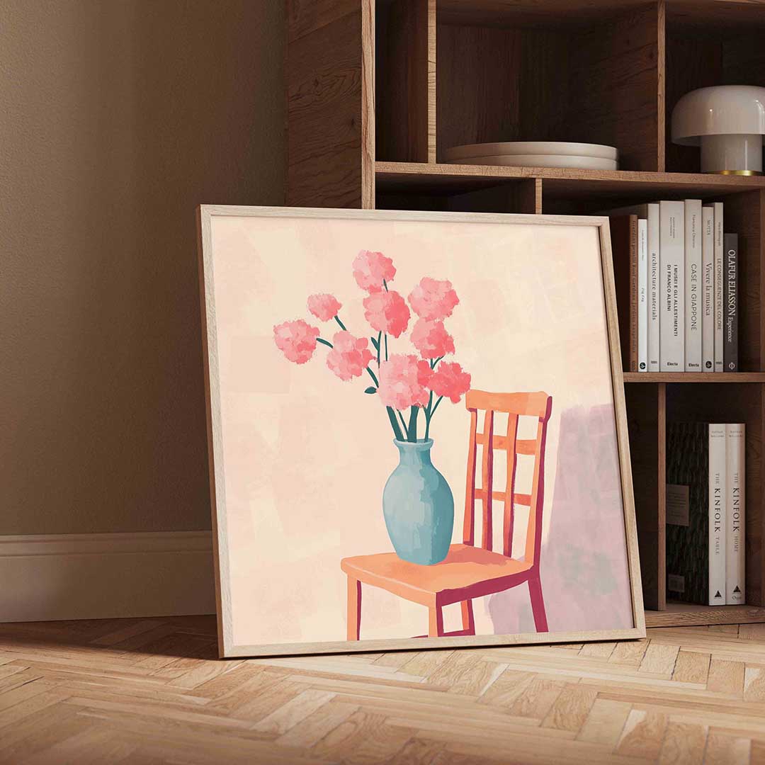 Bloemen in vaas op stoel – vierkante moderne wanddecoratie van WallArtistic