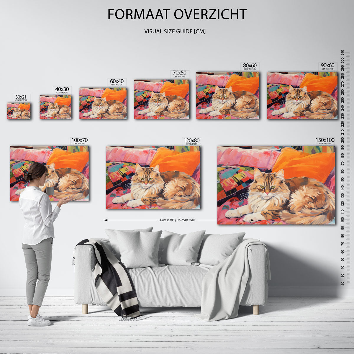 Kat op kleurrijke kussens – liggende muurposter met dierenthema