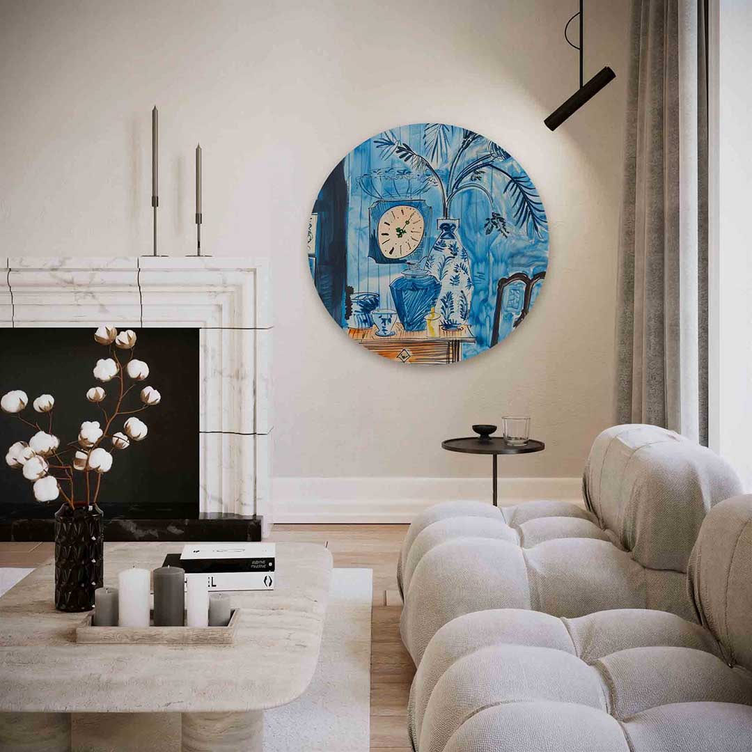 Blauwe interieur – abstracte textuur muurcirkel als wanddecoratie