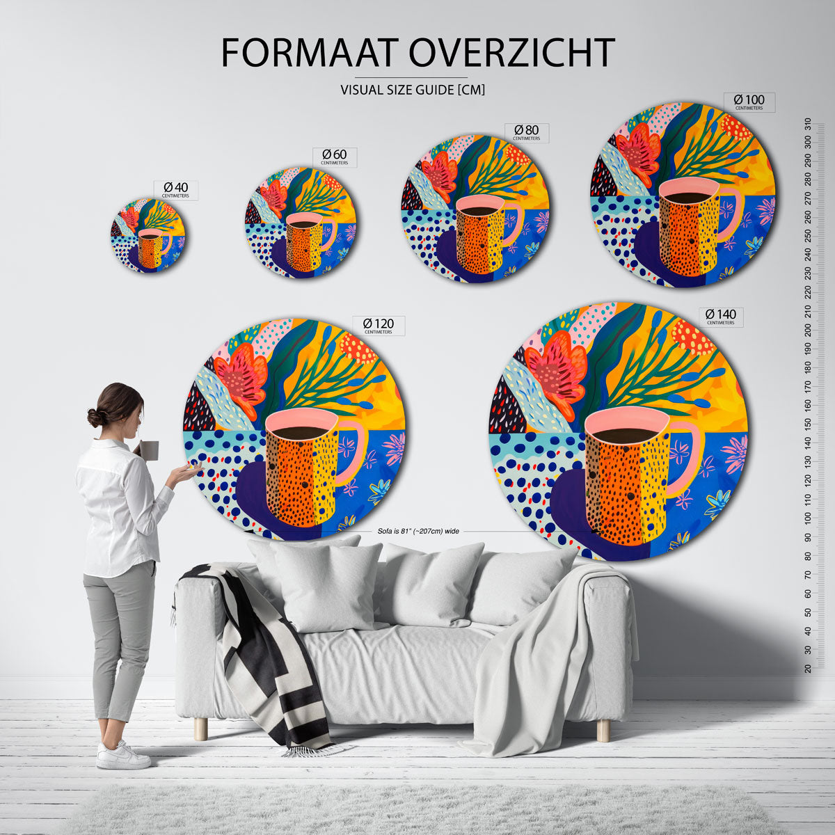 Beker en bloemen – abstracte wandkunst met textuur als muurcirkel