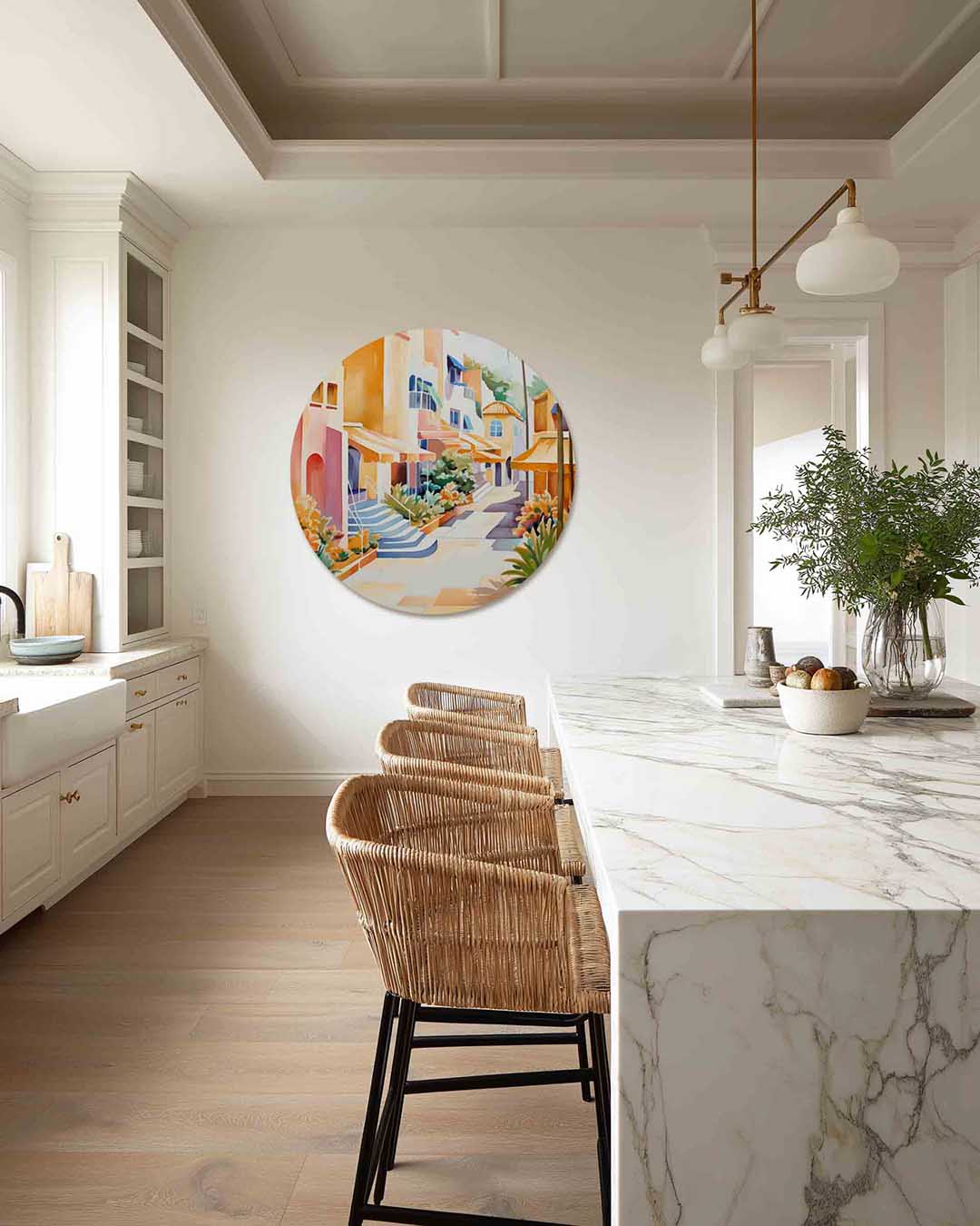 Zonnige straat – abstracte muurcirkel als ronde wanddecoratie