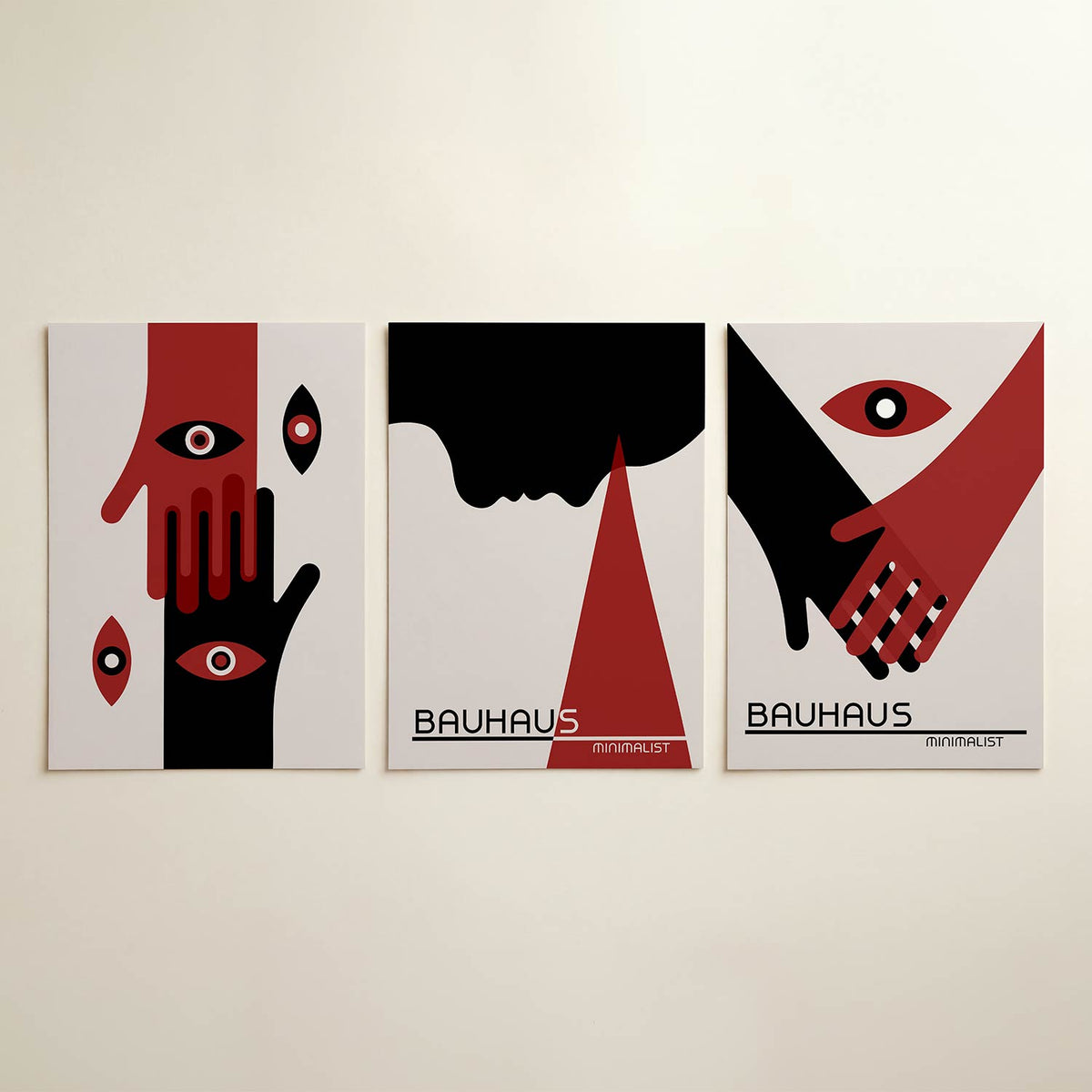 Handen en ogen posterset – detailweergave – twee handen in rood en zwart met ogen in het midden. Contrasterende kleuren en