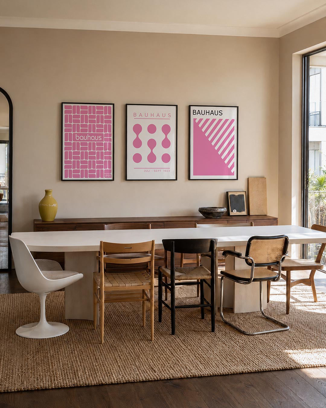 Ritme en kleur driedelige posterset – deze posterset in drie delen toont een speels patroon van roze vormen op een witte