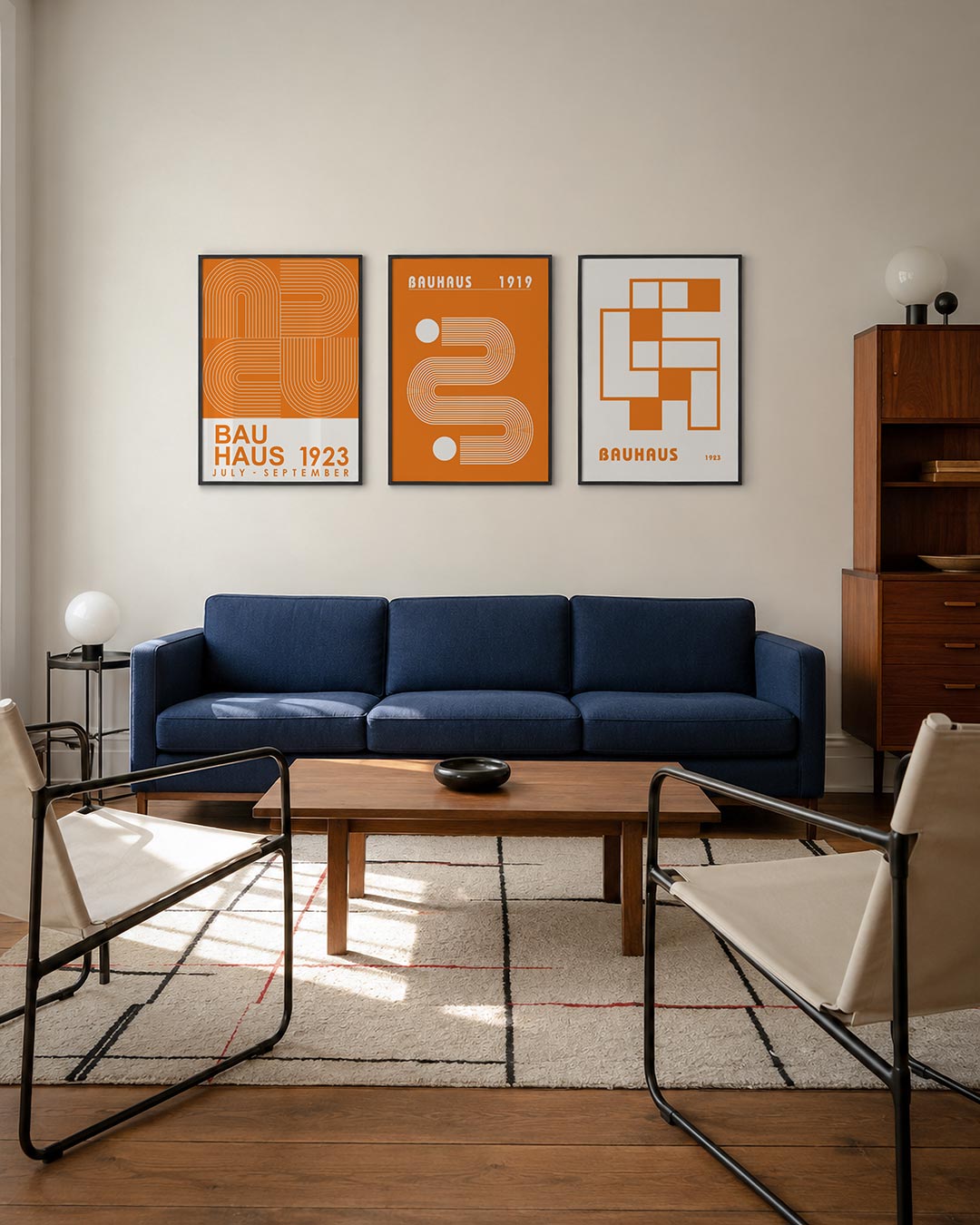 Oranje lijnenspel driedelige posterset – deze posterset in drie delen toont een dynamisch lijnenspel met gebogen en rechte