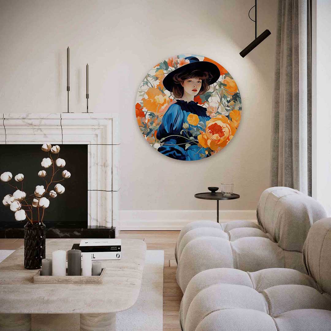 Vrouw met bloemen – abstracte textuur muurcirkel als wanddecoratie