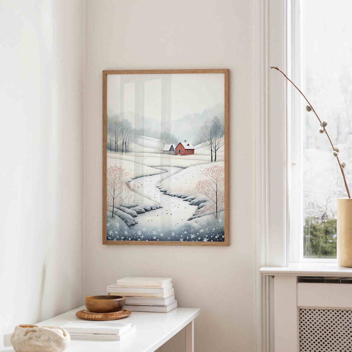 Winterlandschap met rode boerderij – staande kerst wanddecoratie van WallArtistic