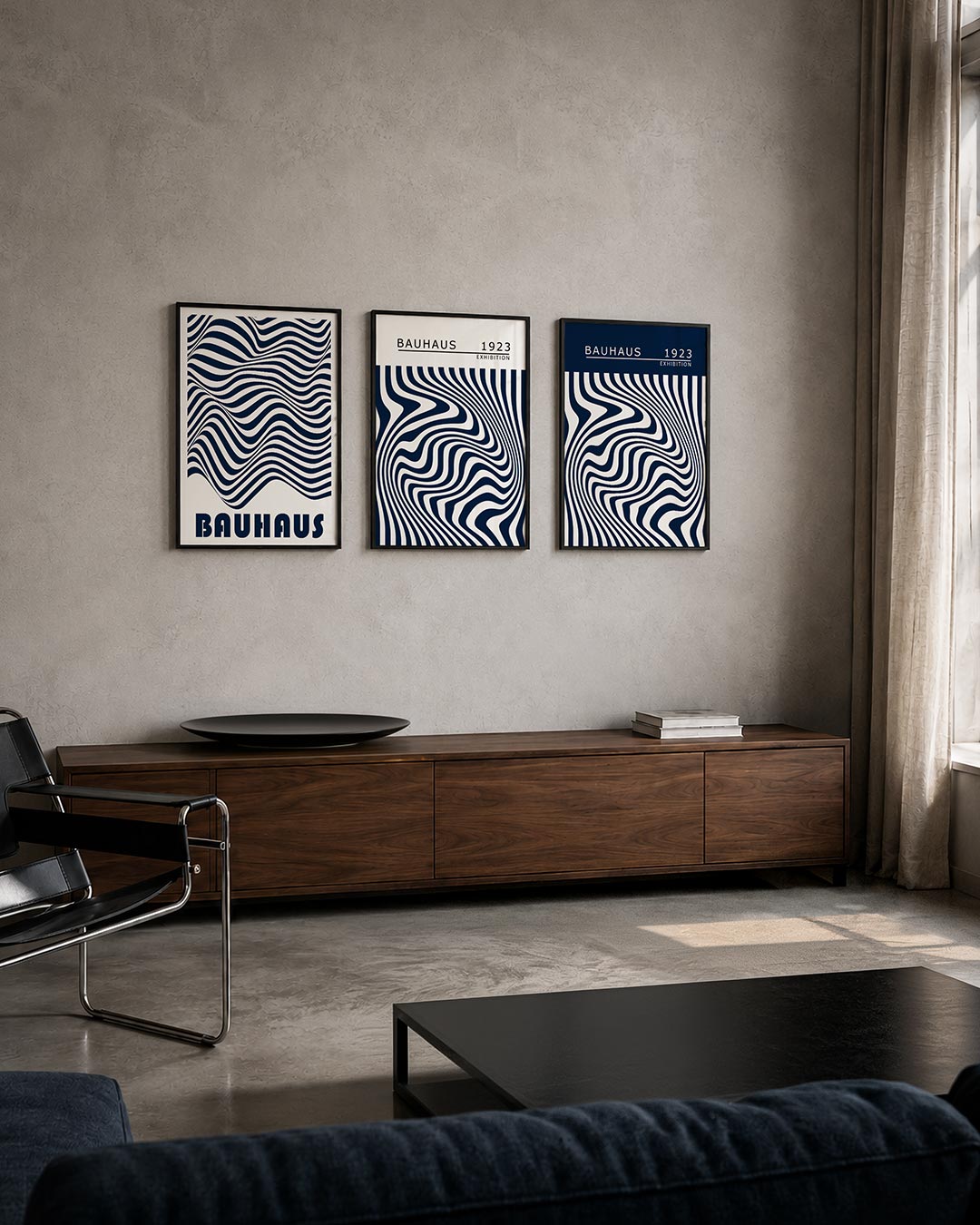 Golvend lijnenspel posterset – tweede productweergave – deze posterset in drie delen toont vloeiende, golvende lijnen in