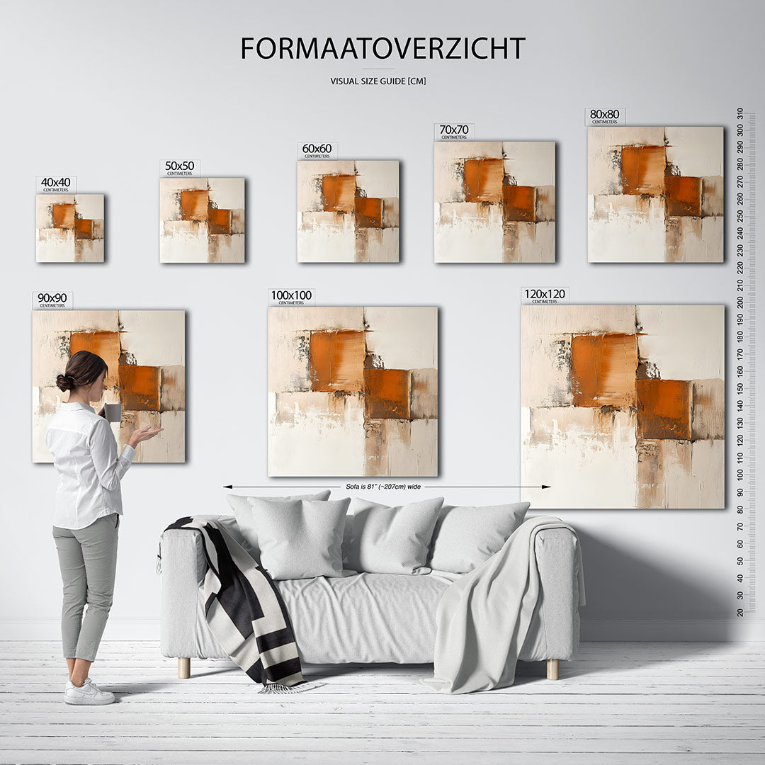 Geometrische vormen kunstwerk – materiaalweergave – dit werk toont een compositie van rechthoeken in aardetinten. De textuur