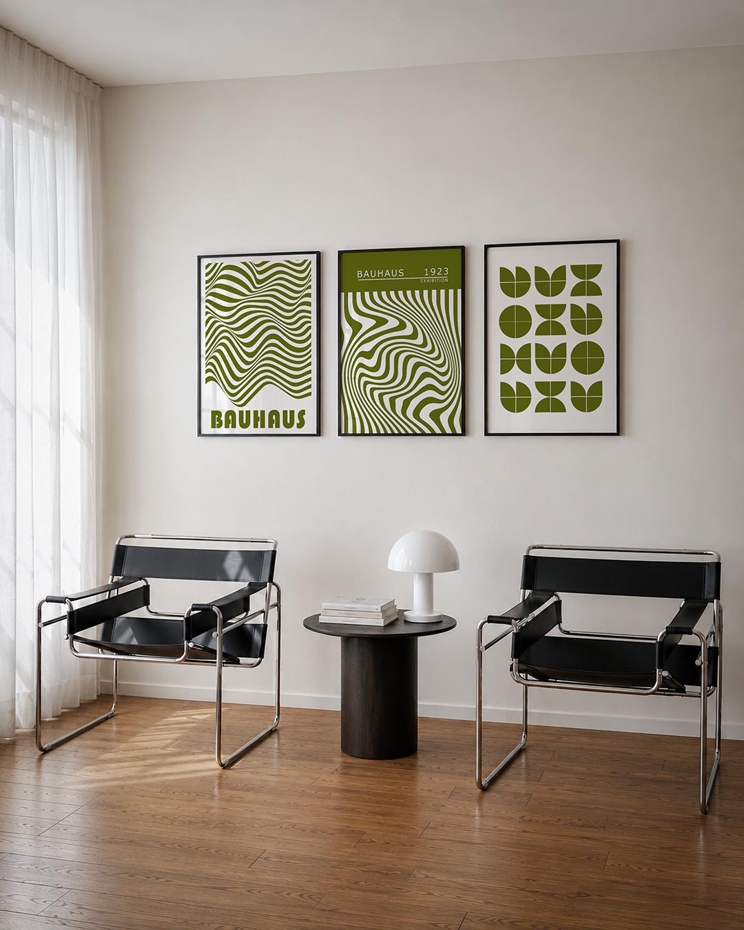 Golvend lijnenspel driedelige posterset – deze posterset in drie delen toont vloeiende, golvende lijnen in olijfgroen. De