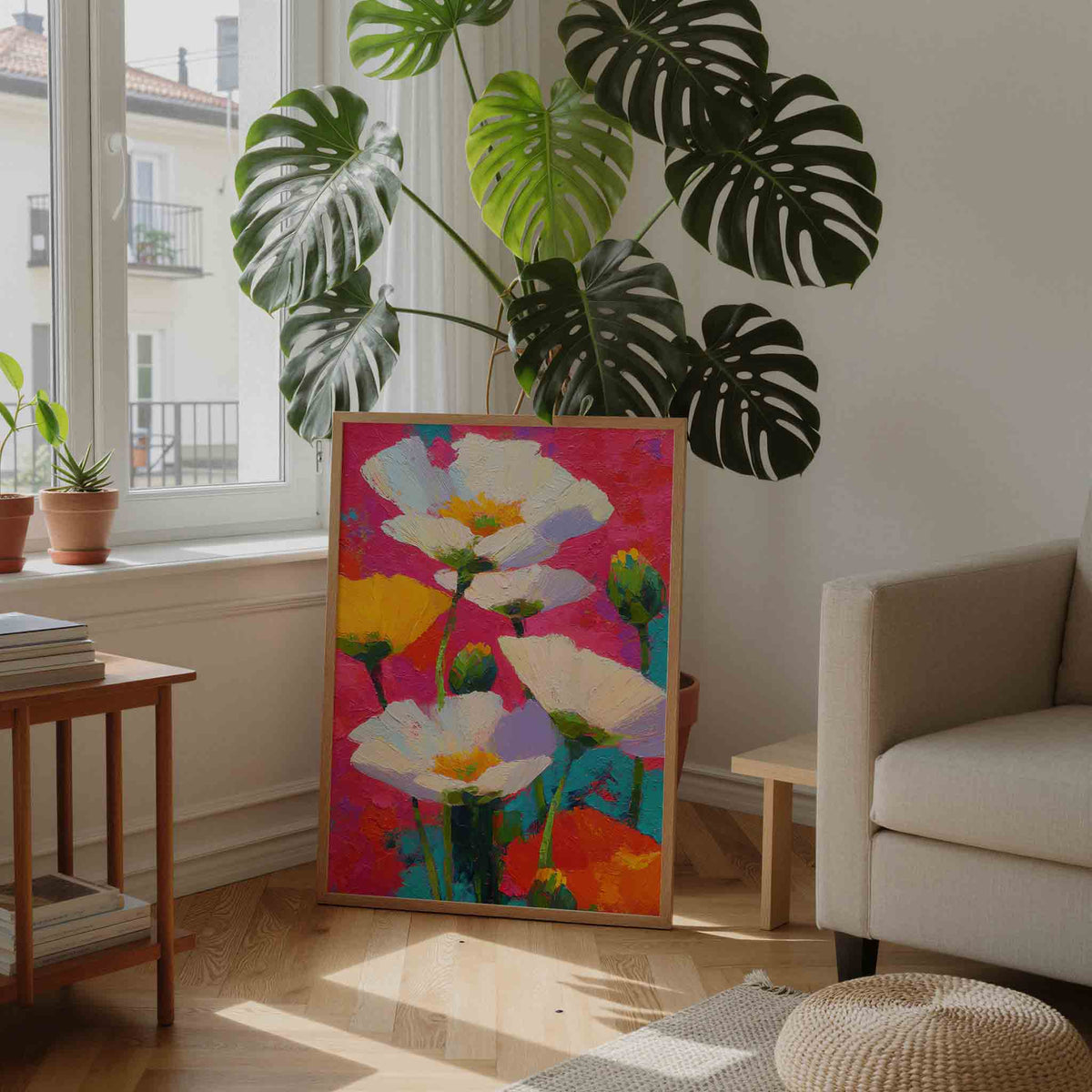 Bloemen in felle kleuren – staande dromerige wanddecoratie van WallArtistic