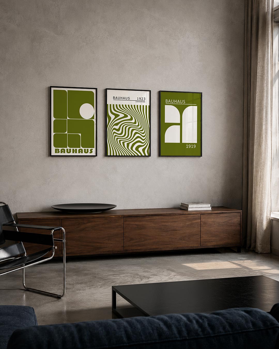 Vorm en balans posterset – tweede productweergave – deze posterset in drie delen toont een spel van olijfgroene rechthoeken