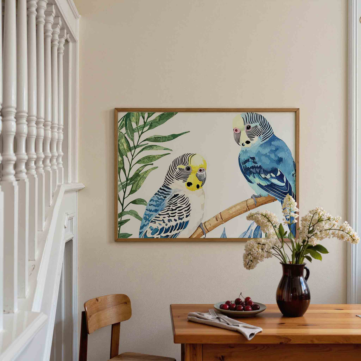 Parkieten en bladeren – dieren poster in liggend formaat