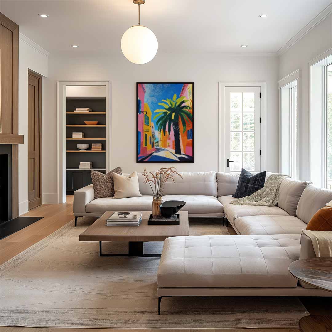 Zomerse Straat met Palmboom – staand kunstwerk voor modern interieur
