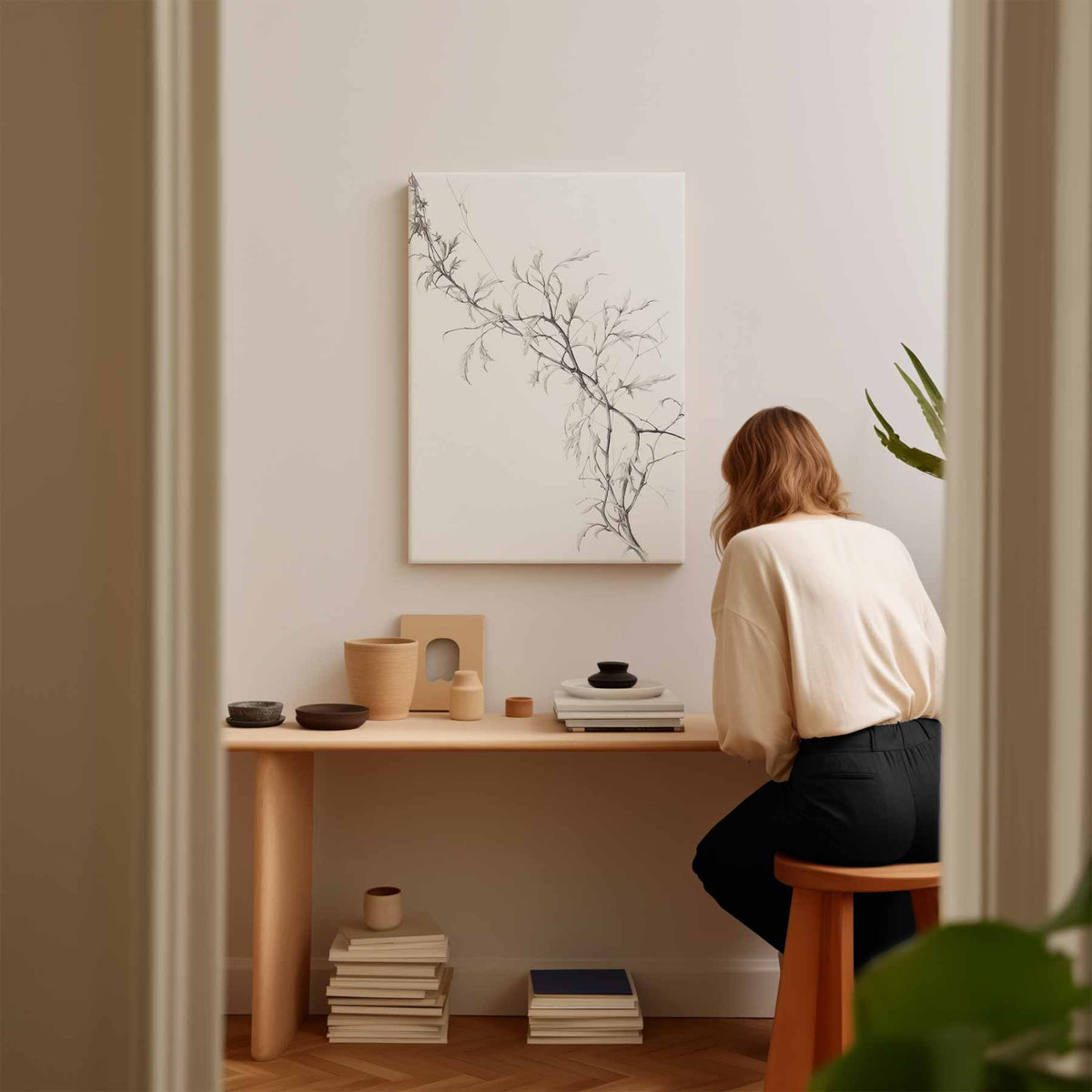 Subtiele Tak In Potlood – canvas kunstwerk als wanddecoratie