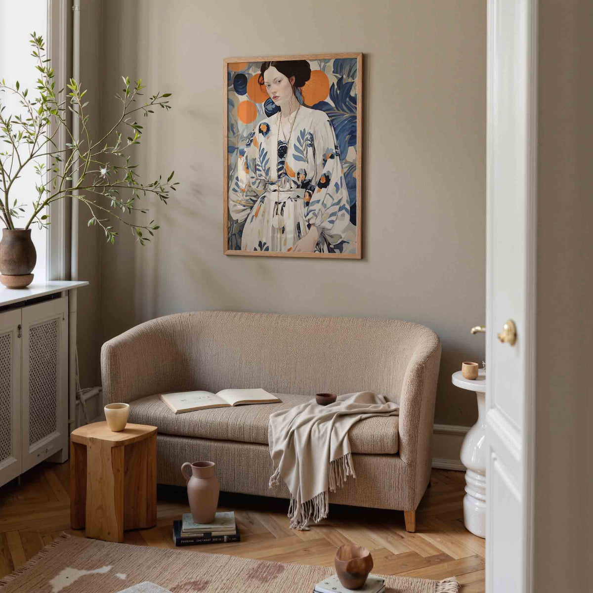 Vrouw met bloemenpatroon – botanische poster in staand formaat