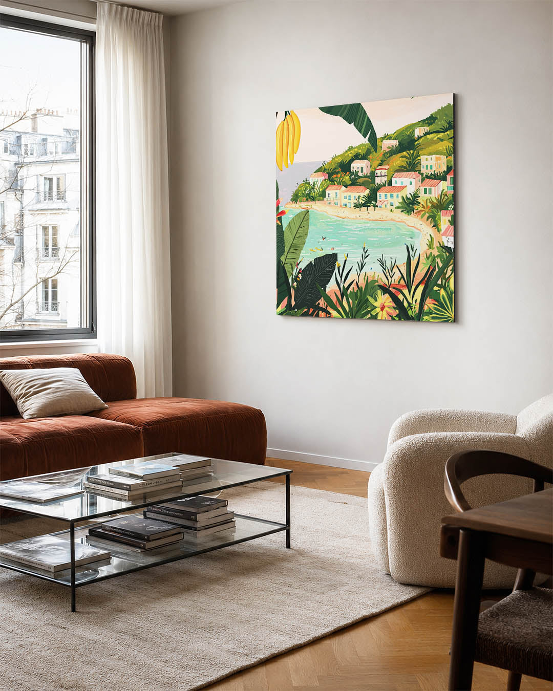 Zonnige kust illustratie kunstwerk – vierkante wanddecoratie – dit kunstwerk toont een levendige kustlijn met kleurrijke