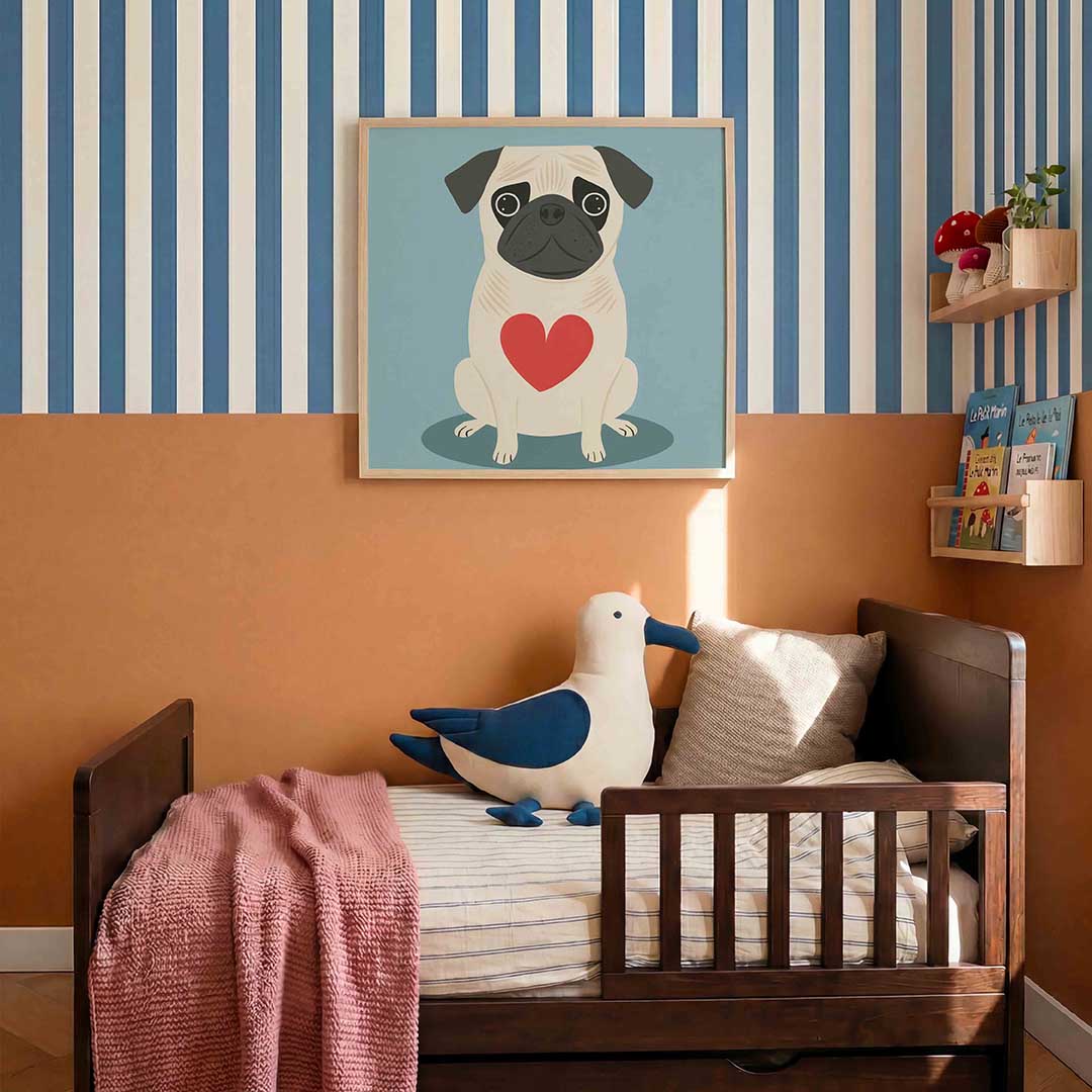 Mopshond met hart – kids poster in vierkant formaat