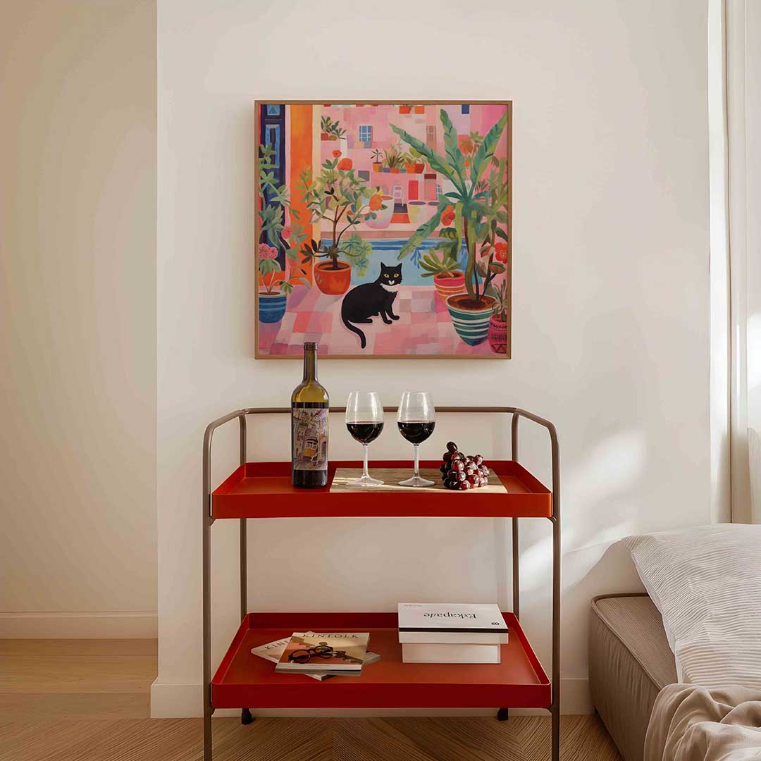 Kat tussen planten – vierkante keuken wanddecoratie van WallArtistic