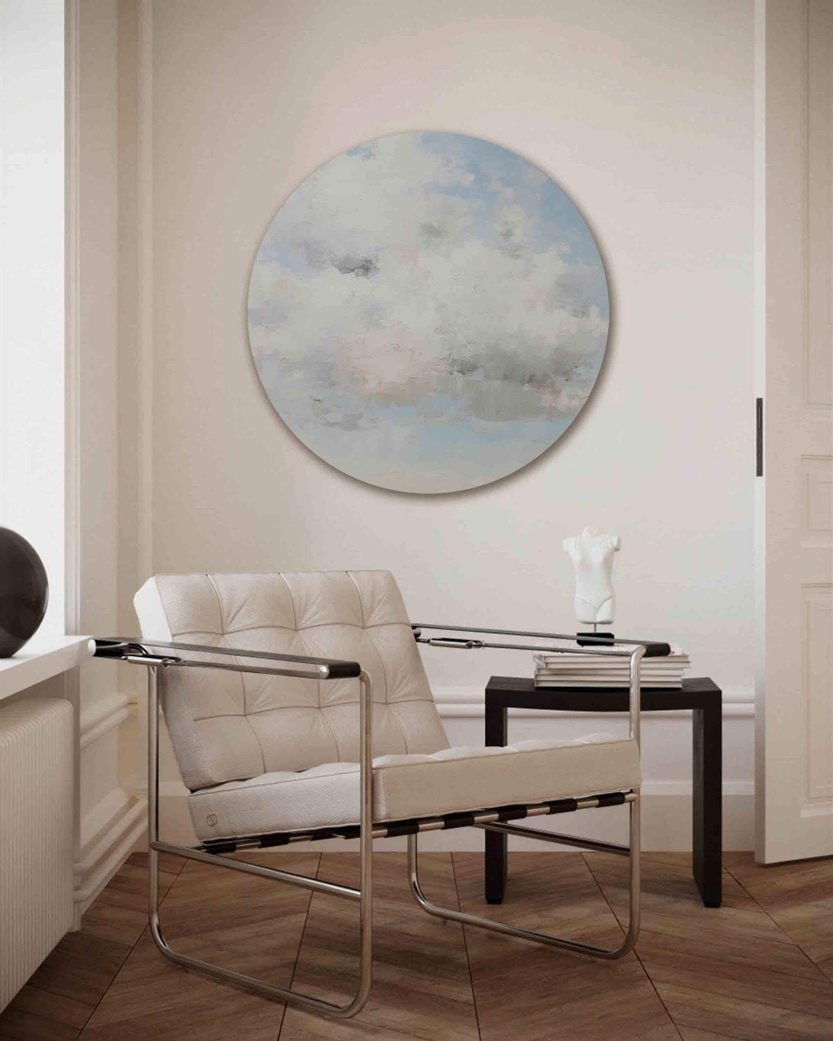 Lucht en wolken – kleurrijke muurcirkel als ronde wanddecoratie
