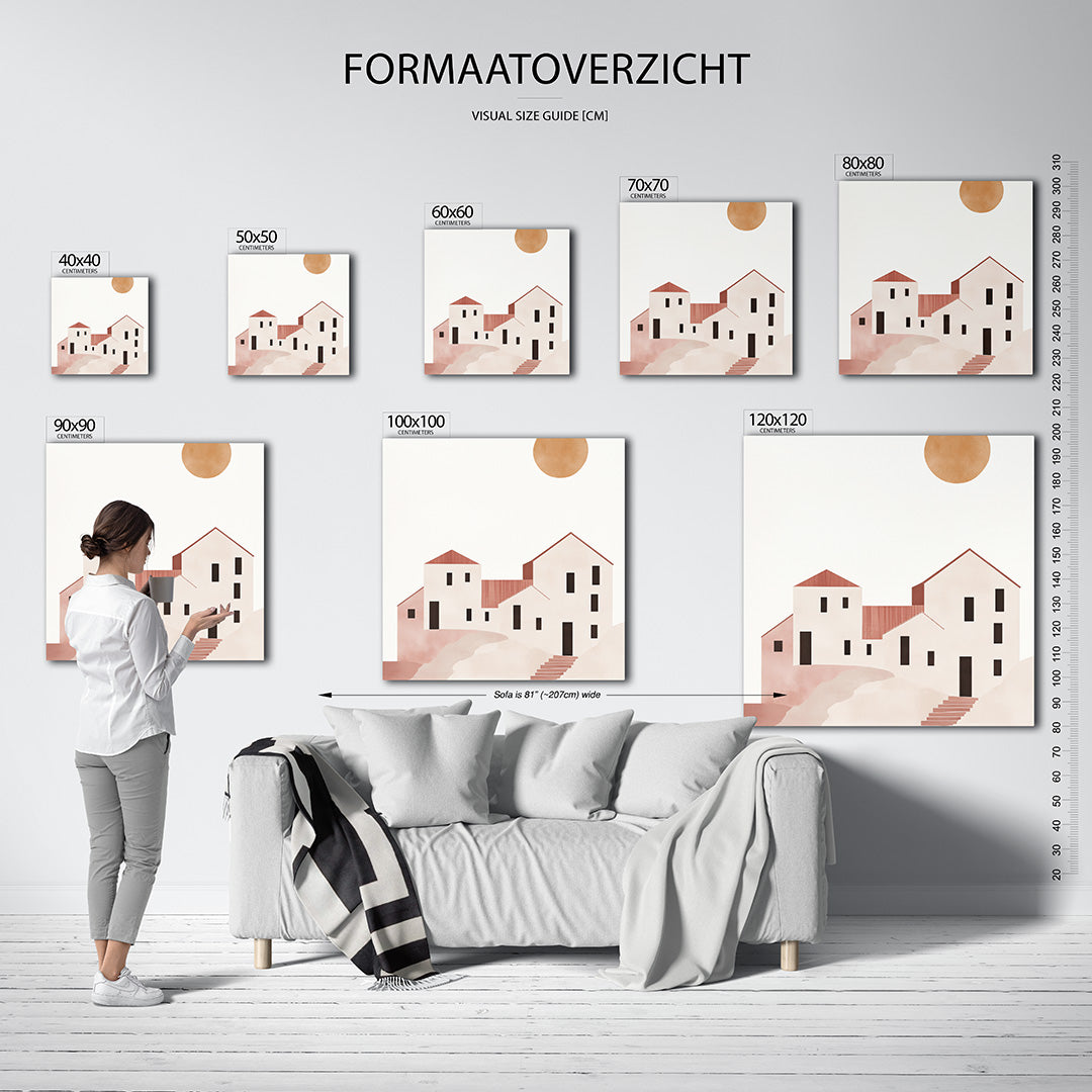Geometrische zonsopgang kunstwerk – sfeerbeeld – dit werk toont een reeks eenvoudige, geometrische gebouwen onder een grote