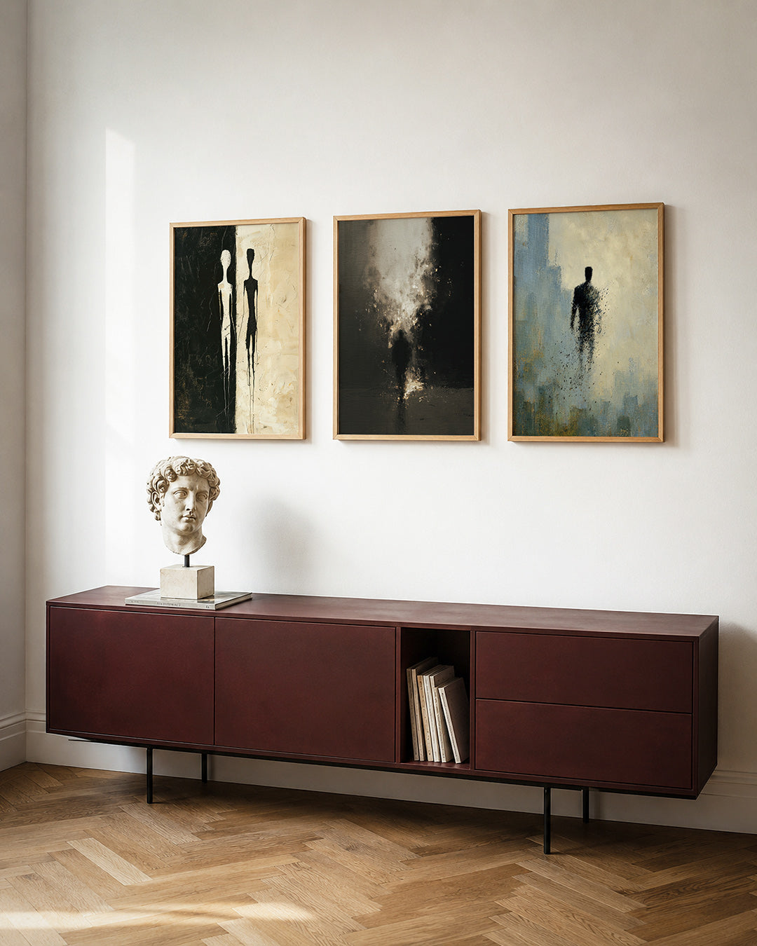 Tegenovergestelde silhouetten posterset – detailweergave – twee figuren staan tegenover elkaar, gescheiden door een