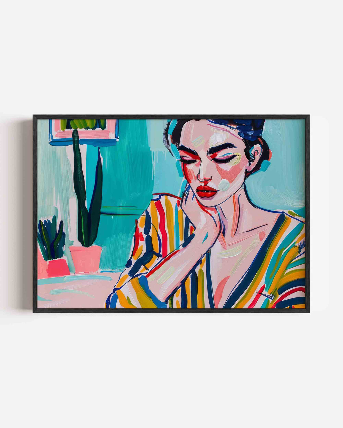 Vrouw met kleurrijke strepen – vrouwelijk portret als landscape poster