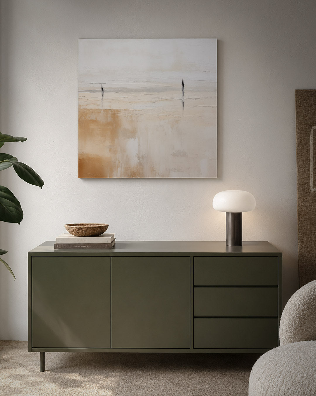 Landschap kunstwerk – detailweergave – dit werk toont een compositie met zachte overgangen tussen beige en wit. Twee